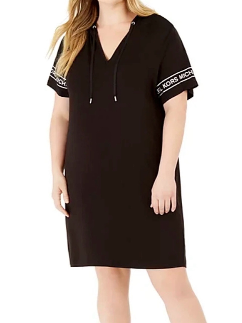 Michael Kors Black Hooded V-Neck T-Shirt Dress with Logo Tape